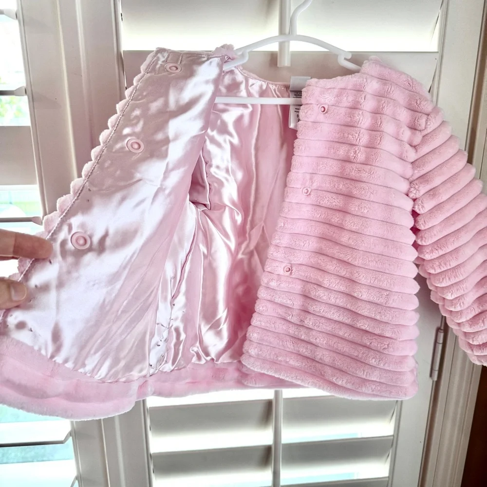 Little Me Pink Faux‎ Fur Ribbed Jacket Toddler Girl 2T Satin Bow Coat